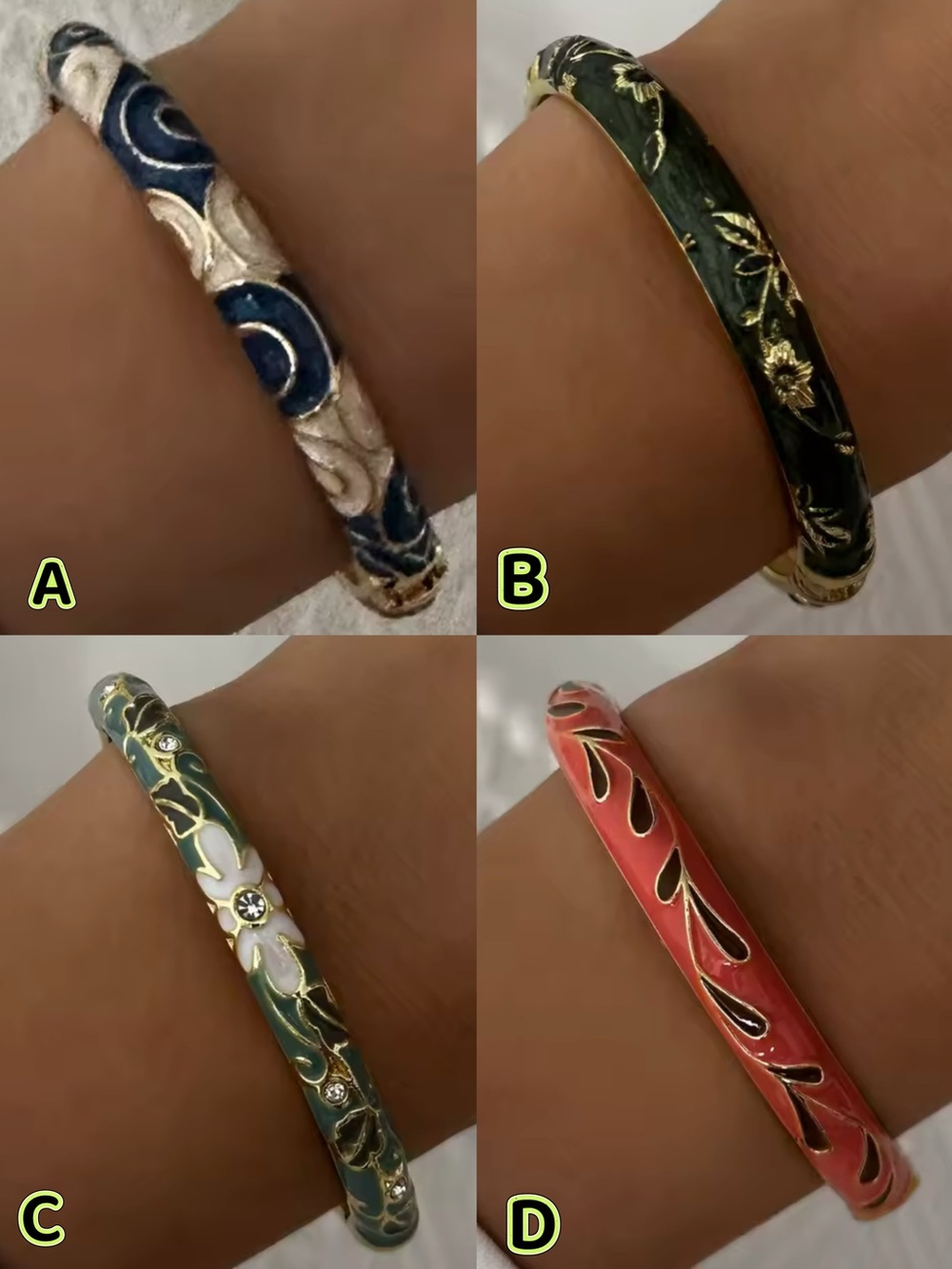 Hand-Painted Floral Cloisonne Bangle Bracelet - Multiple Colors